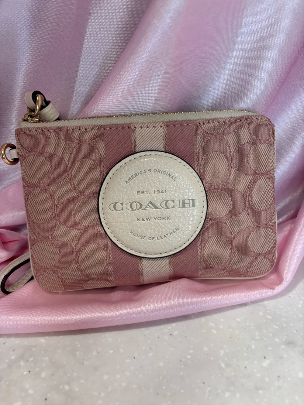COACH Pink Signature Canvas Wristlet with Cream Logo Patch